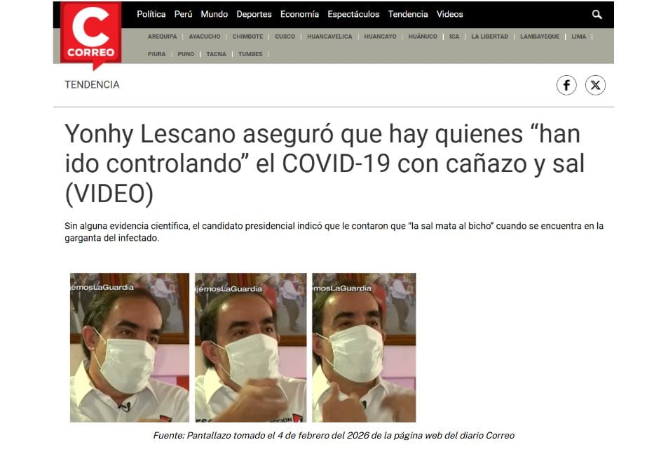 Fuente: Pantallazo tomado el 4 de febrero del 2026 de la página web del diario Correo